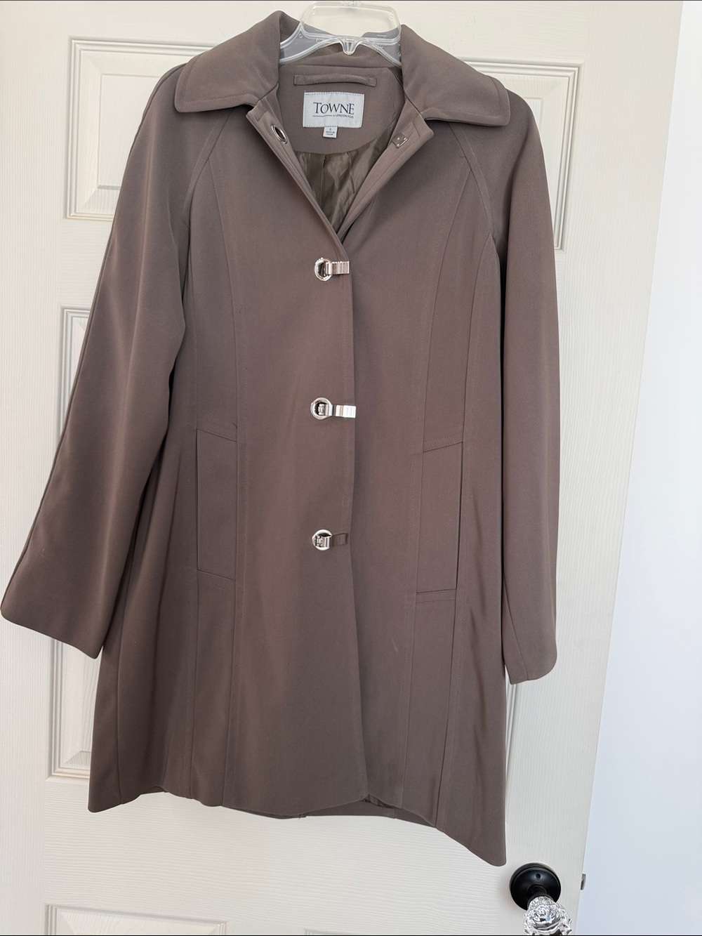 London Fog Taupe Trench Coat with Metal Toggle Closures